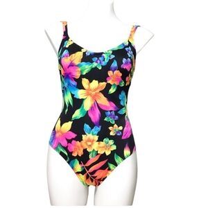 Vintage Black 70s Floral Print Swimsuit ILGWU Made In U.S.A Size 12